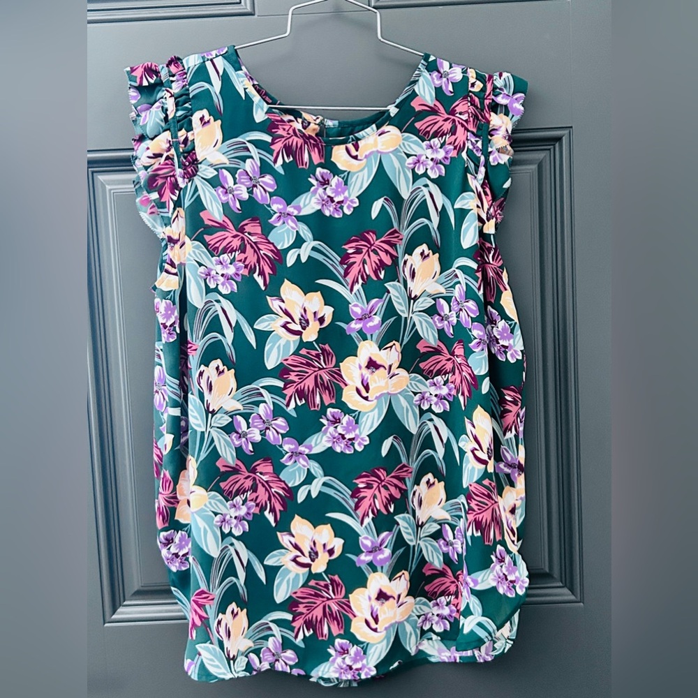 LOFT Hawaiian Floral Ruffle Sleeve Blouse L